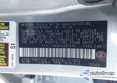 2020 Toyota Camry Le from USA, damaged, VIN 4T1C11AK8LU367074
